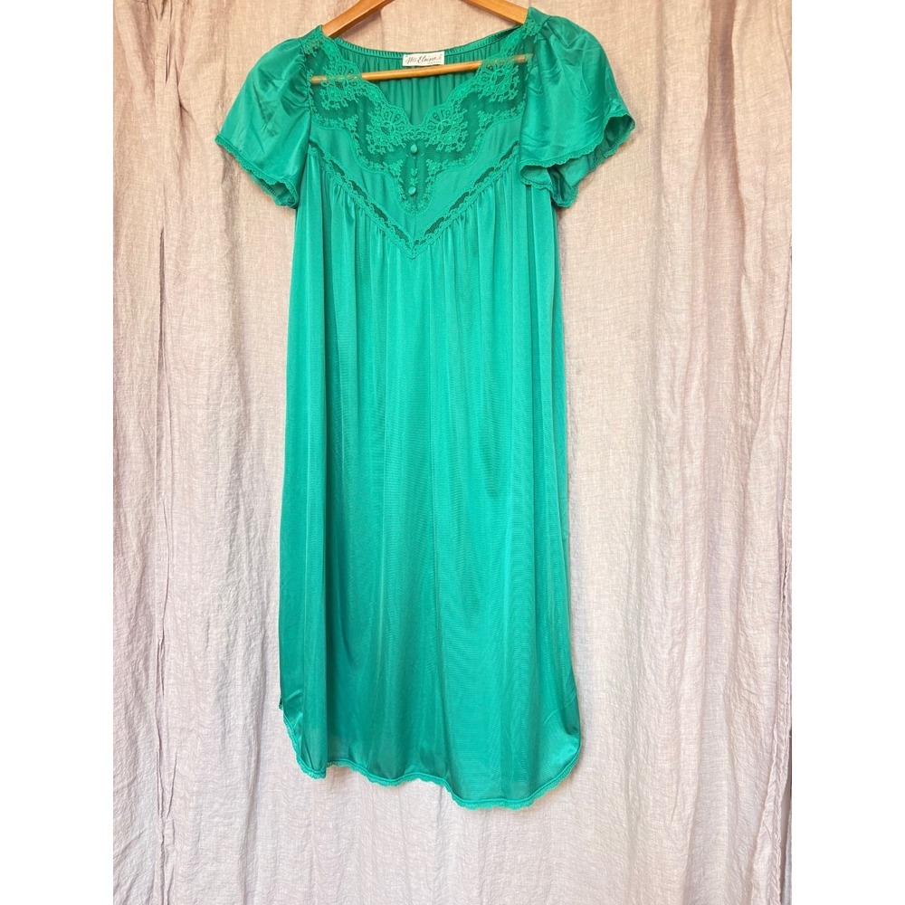 Vintage Miss‎ Elaine Nightgown XS Teal Green Lace Trim Antron Nylon USA ILGWU